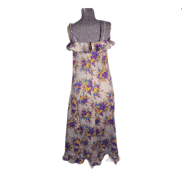 Vintage 60s 70s Handmade Maxi Dress Beige Floral Ruffles Purple Yellow S - Picture 5 of 13